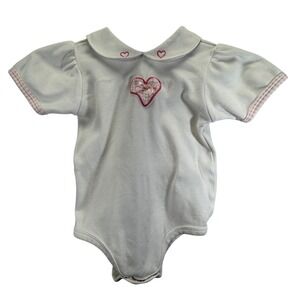 Vintage Y2K Heart Embroidery Bodysuit Kids 6-9M Gingham Trim Cotton Girly Summer